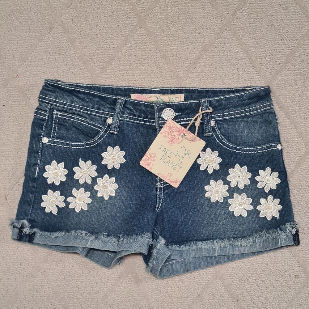Free Planet Denim Floral Shorts Girls 14 (26") Casual Vacation Summer Travel